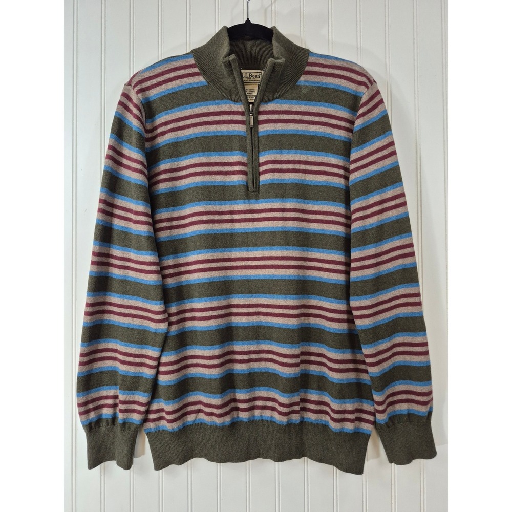 LL Bean Mens Cotton Cashmere 1/4 Zip Striped Sweater Olive Green Size Medium
